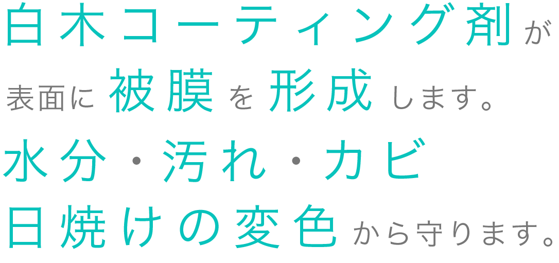 100%浸透性のコート剤で被膜を形成します。水分・汚れ・カビ・日焼けの変色から守ります。