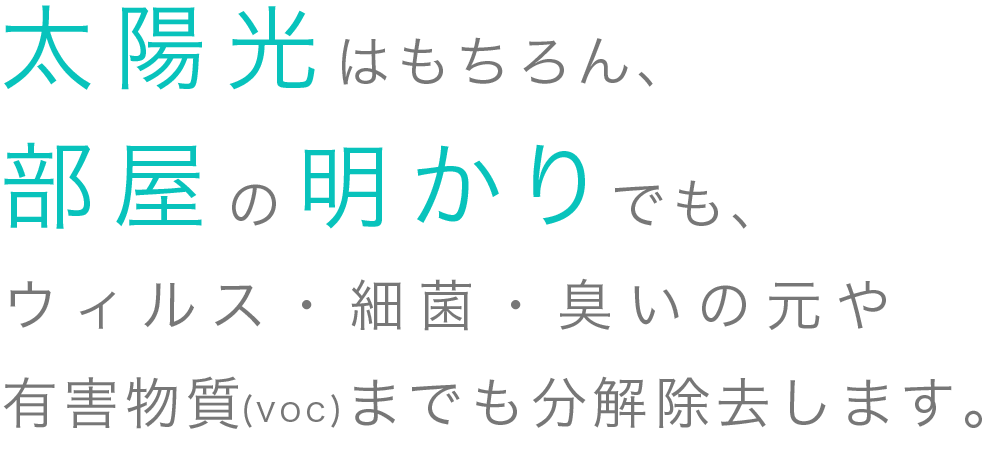 太陽光はもちろん、部屋の明かりでも、ウイルスや細菌、臭いの元や有害物質（voc）までも分解除去します。